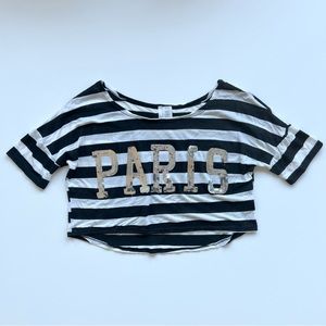 Bongo Black and White Striped “Paris” Cropped T-Shirt, Large